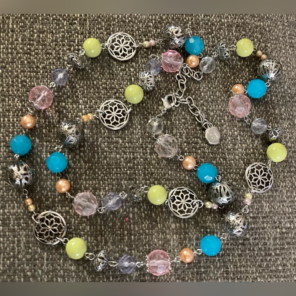 R.J. Graziano Silver Tone Green & Pink Bead Necklace